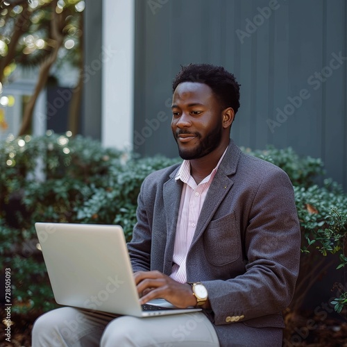 A stylish man  dressed in comfortable clothing  sits on a bench  his face illuminated by the glow of his laptop screen  as he works diligently indoors on a sunny day
