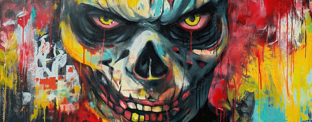Fototapeta premium painting style illustration of punk zombie abstract face graffiti style, color splash and grungy dirty stain, Generative Ai 
