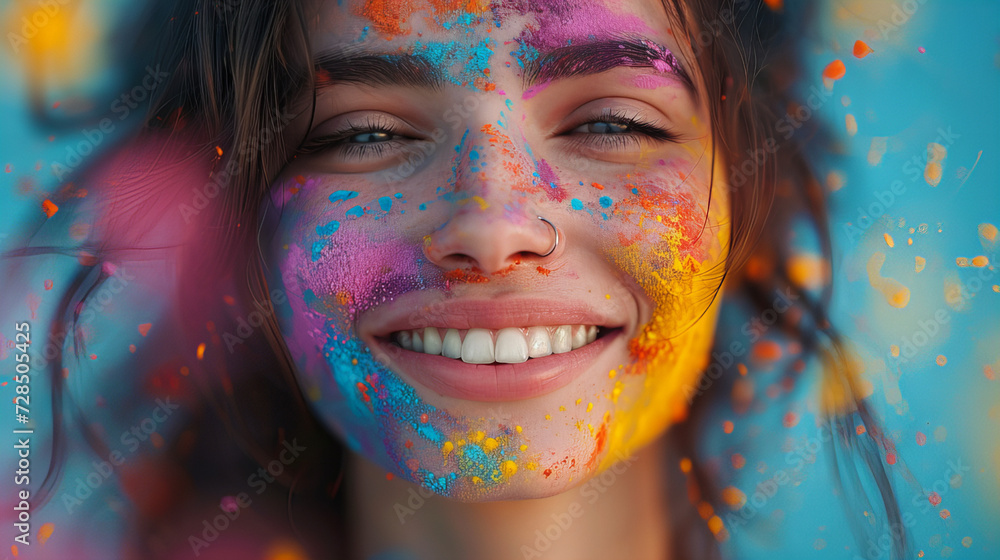 Holi Day, Splashing colours in young woman face in Holi day, Indian festival, portrait of a woman with painted face, Holi Festival Of Colours, traditional hindu sari on holi color