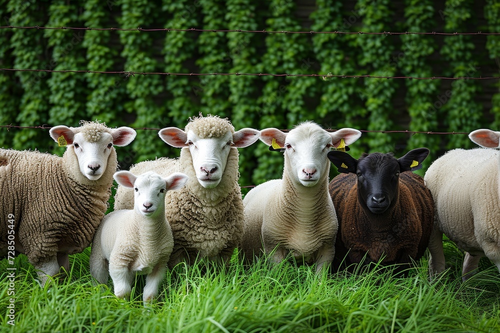 A herd of terrestrial mammals, adorned with thick wool and gentle eyes, gather together in a lush green field, grazing on the bountiful fodder beneath their feet A herd of terrestrial mammals, adorned with thick wool and gentle eyes, gather together in a lush green field, grazing on the bountiful fodder beneath their feet
