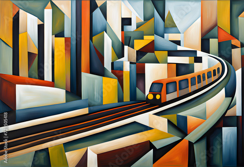 Wallpaper Mural cubist style abstract painting of an train and track in an urban setting Torontodigital.ca