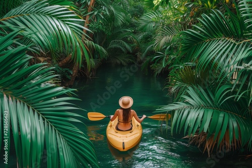 Fototapeta Naklejka Na Ścianę i Meble -  Amidst the lush green jungle, a fearless woman navigates the winding river in her vibrant yellow kayak, gliding gracefully through the tranquil waters with her trusty paddle as her only means of tran