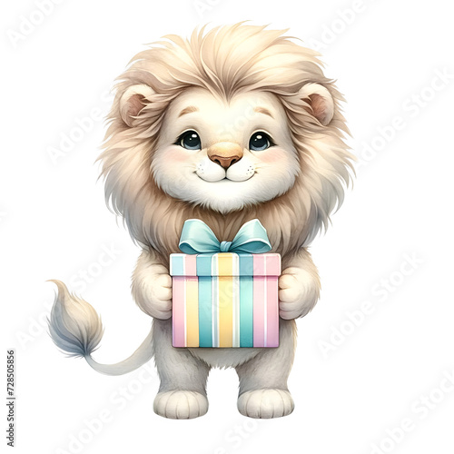 Cute pastel watercolor animal character holding gift or present for birthday party clipart of lion