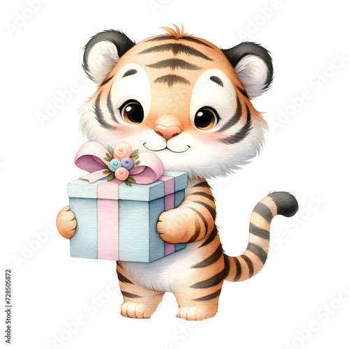 Cute pastel watercolor animal character holding gift or present for birthday party clipart of tiger