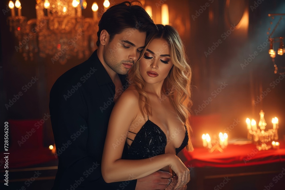 A blissful bride and groom share a tender embrace, surrounded by the warm glow of candles and dressed in elegant wedding attire, as they seal their love with a passionate kiss