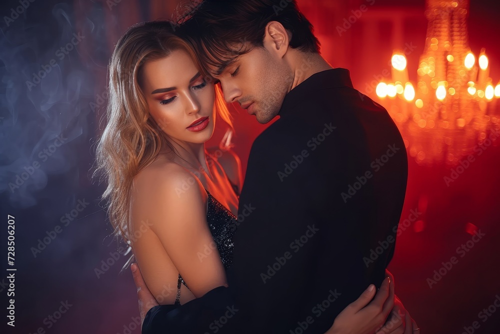 A passionate embrace between a man and woman, their faces pressed together in a tender kiss, their clothing a blur of red as they share a moment of love and romance indoors A passionate embrace between a man and woman, their faces pressed together in a tender kiss, their clothing a blur of red as they share a moment of love and romance indoors