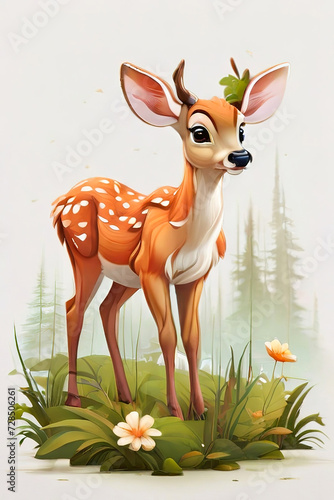 Cartoon deer standing in the grass. Isolated white background.