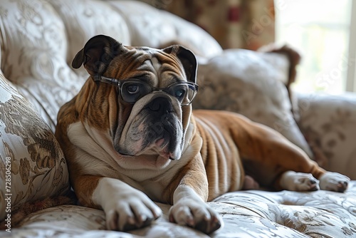 Stylish dog in glasses comfortably seated on a chair, engrossed in reading a newspaper like a human
