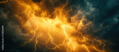 Yellow Lightning strike on the dark cloudy sky landscape. AI generated image