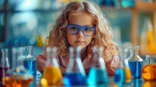 Girl making science experiments. Education.