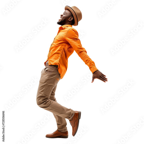 Young happy african american man in orange shirt hat stand on toes