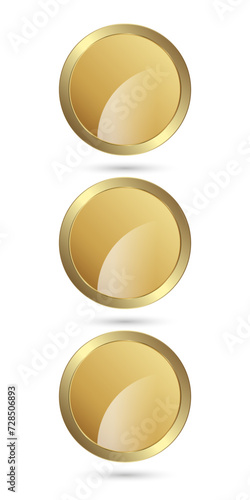 Three Gold Circle shape buttons design in vector, 3 circles premium vector circle button, luxury button, elegant style icon, symbols, and on isolated white. Vector illustration