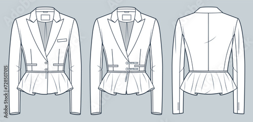 Classic fitted Jacket technical fashion illustration. Cropped Blazer with zipped peplum fashion technical drawing template, single breasted, front, back view, white, women, men, unisex CAD mockup set.