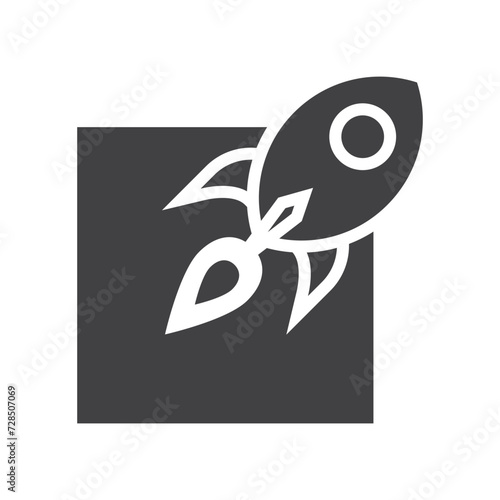 Rocket spaceship launching out of square box, space, fast shipping, delivery logo vector solid black icon.