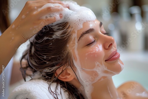 A serene woman delicately cleanses her luscious locks, her glowing face framed by cascading strands in the comfort of her own bathroom