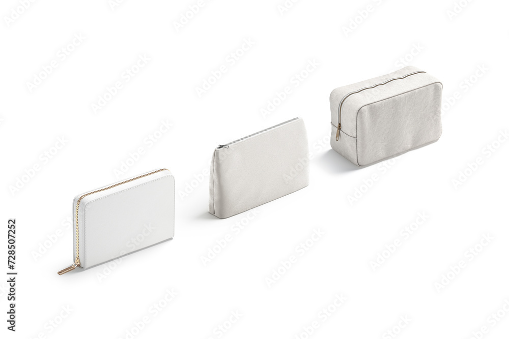 Blank white bag and wallet accessories mockup, side view Blank white bag and wallet accessories mockup, side view