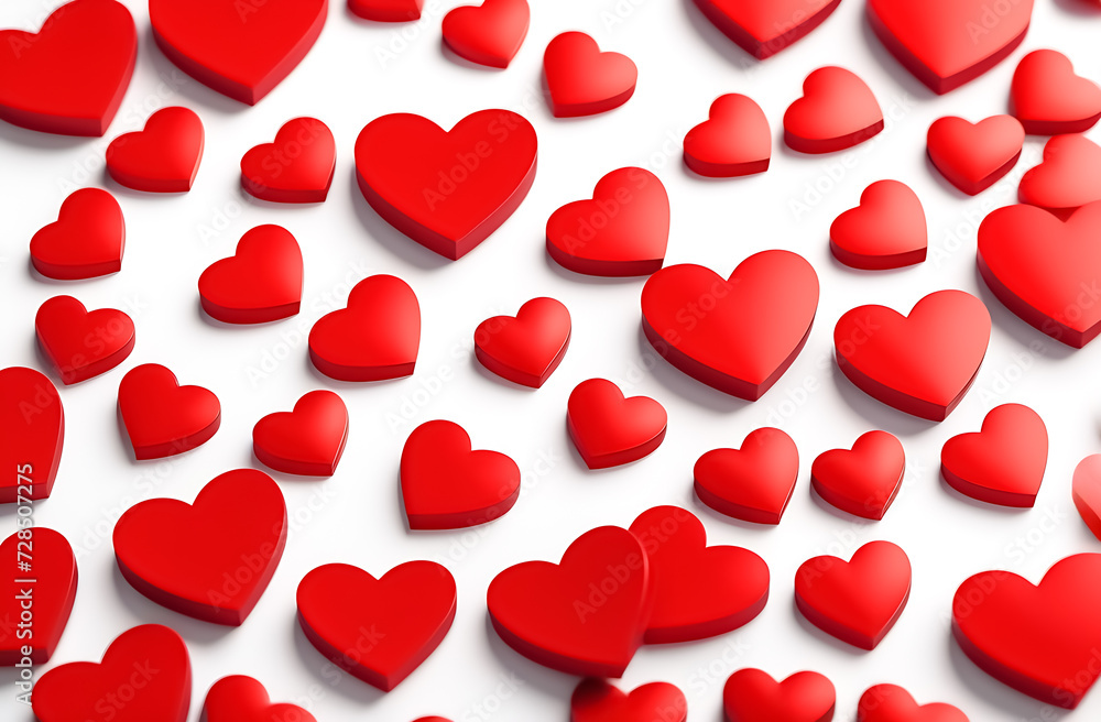 Wallpaper with red hearts on a white background flatly. Horizontal format.