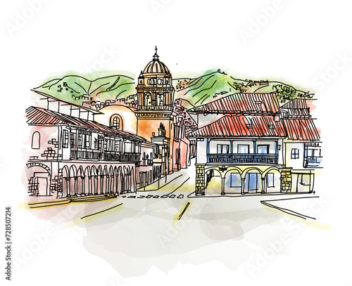 Old town of Cusco city, and the Andes mountains, Peru. Plaza Mayor is the main square of Cuzco, famous for historical colonial architecture. vector illustration © Aleksandra