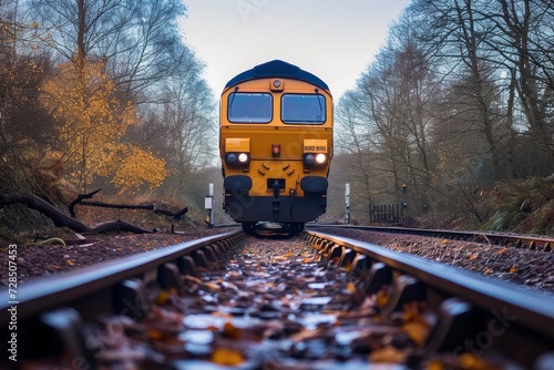 A vibrant yellow train travels through a lush forest, its rolling stock blending seamlessly with the outdoor scenery as it follows the tracks towards the endless sky