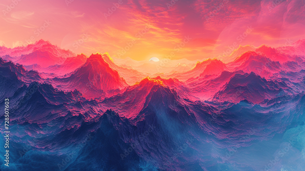 Picture a vibrant sunrise over a digital landscape of indigo mountains and tangerine skies, an abstract portrayal of dawn's first light, painting the world with a warm glow.  - obrazy, fototapety, plakaty 
