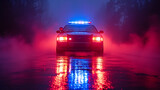 Strobe lights of police car at night with smoke background