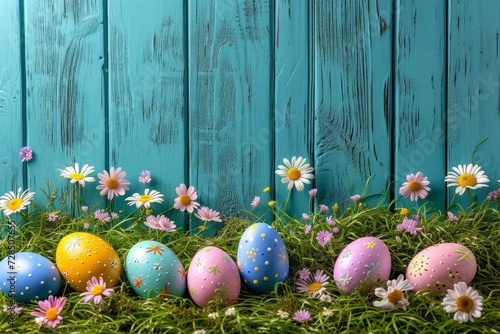 A vibrant display of easter eggs nestled among blooming flowers in a lush grassy field, evoking feelings of joy and new beginnings