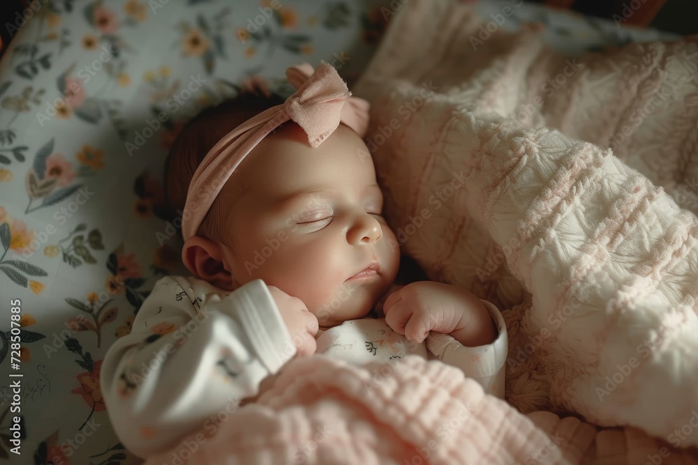 A peaceful slumber envelops the newborn boy as he rests his delicate skin against the softness of his blanket, creating a heartwarming moment of pure comfort and innocence indoors A peaceful slumber envelops the newborn boy as he rests his delicate skin against the softness of his blanket, creating a heartwarming moment of pure comfort and innocence indoors