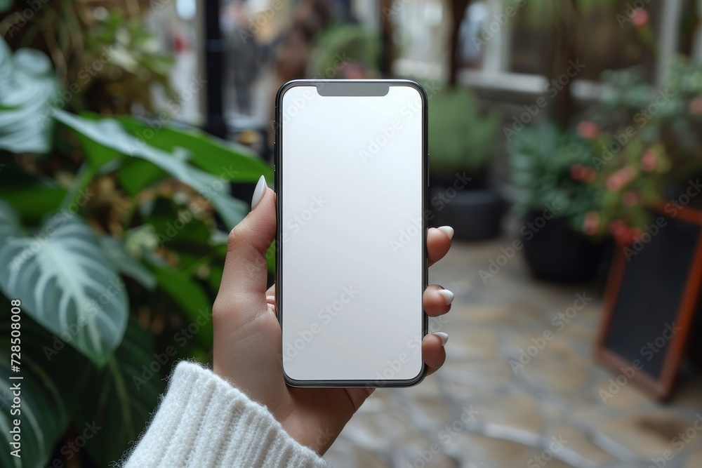 A person's hand delicately holds a smartphone, while a lush houseplant in the background symbolizes the connection and growth that comes with modern communication devices A person's hand delicately holds a smartphone, while a lush houseplant in the background symbolizes the connection and growth that comes with modern communication devices