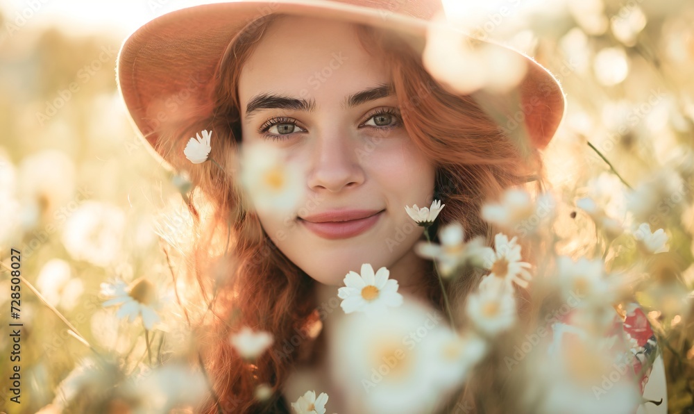 Portrait of a young beautiful woman in a hat against a background of meadow and flowers. Sunny day, enjoying nature, peace and tranquility.