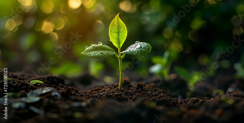 Green seedling growing from seed on fertile soil with blurred green background,Plant seedling growing from seed in morning light, Ecology concept