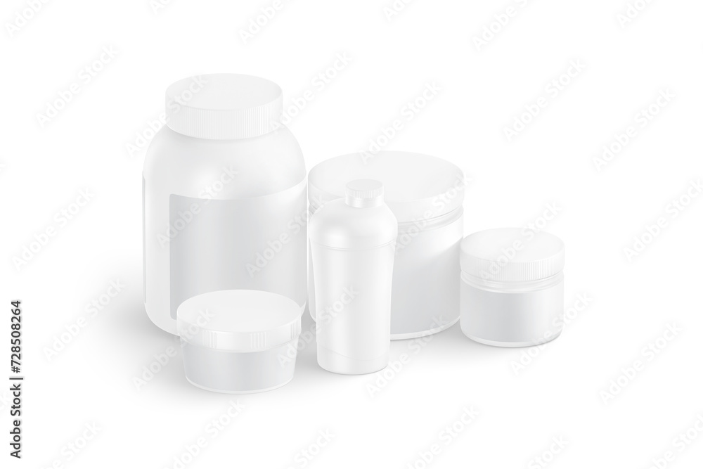 Blank white protein can, bottle and shaker mockup, side view Blank white protein can, bottle and shaker mockup, side view