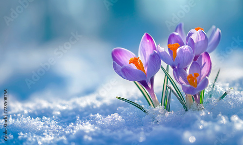 Crocuses in the snow. First spring flowers. The beginning of spring. © Honey Bear