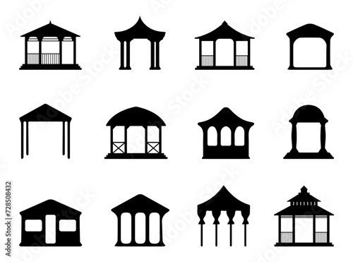 Black gazebo silhouette collection on a white background. Gazebo of pergola icons. Gazebo park. Wooden alcove patio