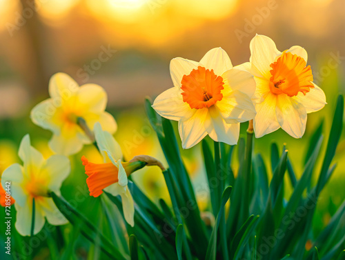 Spring background with daffodils close-up illuminated by the sun at dawn.