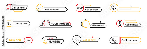 Call us now bar buttons collection. Lined call us now icons. Call us now button logo sign and symbol set