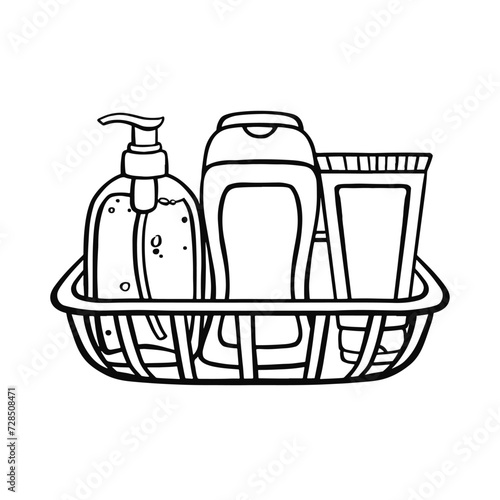 bathroom shelf with bottles and vials, personal hygiene illustration, vector