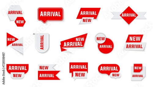 New arrival tag label collection in red. New arrival label, badge or banner element templates with shadow. Red and white banner new arrival photo