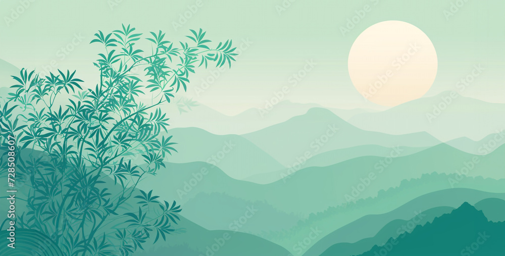 Mountain landscape with bamboo and sun. Nature background. Vector illustration.
