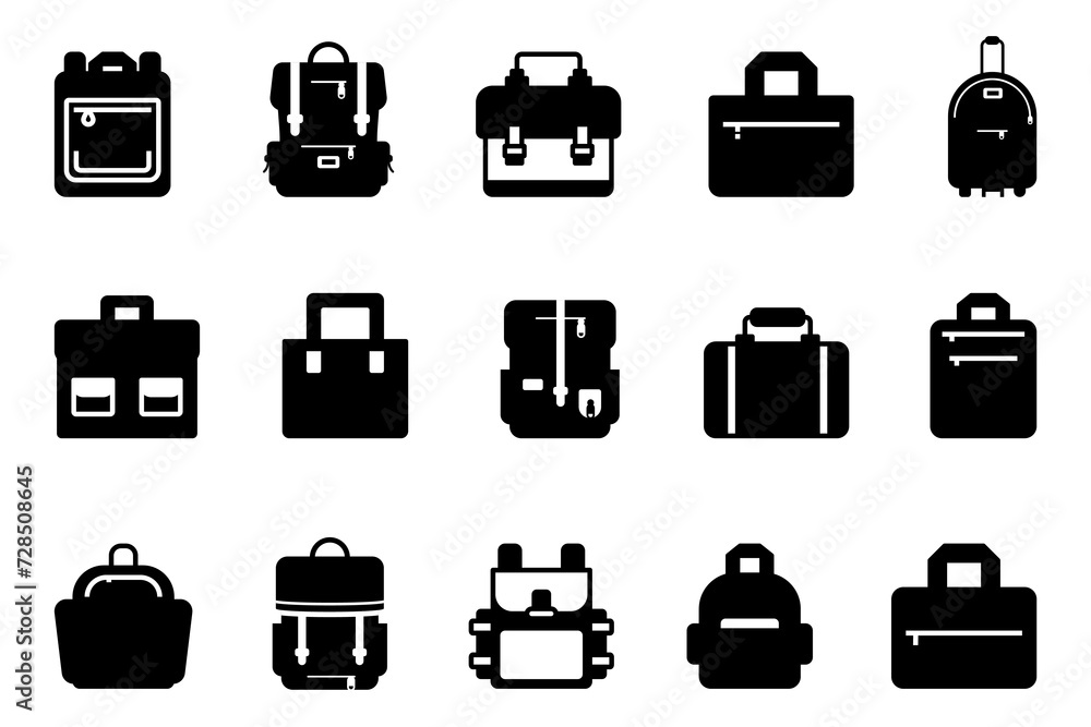 Set of black bag icons. Suitcase, backpack, briefcase, baggage icons in black. Set of baggage icons isolated Set of black bag icons. Suitcase, backpack, briefcase, baggage icons in black. Set of baggage icons isolated