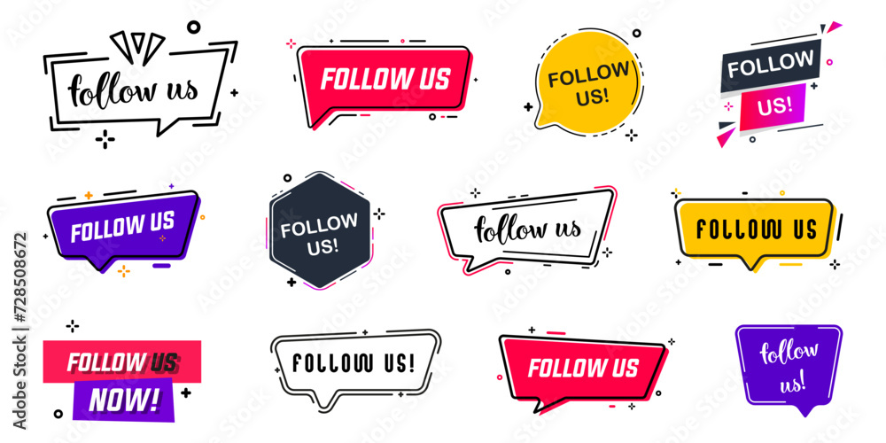Follow us banner badge icon collection. Follow us badges for social media in different styles. Promotion follow us banners - obrazy, fototapety, plakaty 