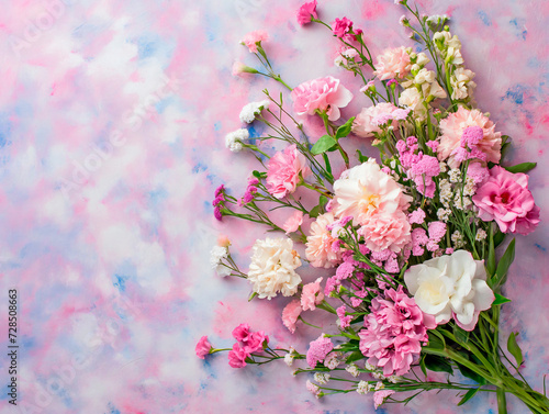 A bouquet of different spring flowers on a plastered pastel background with a space for the text. Wallpaper, banner, background for the site.