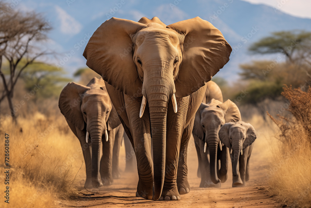 Obraz premium a group of majestic elephants walks along the African savannah, World Wildlife Day