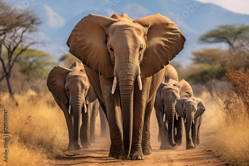 a group of majestic elephants walks along the African savannah, World Wildlife Day