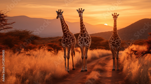a group of giraffes in the African savannah against the backdrop of a beautiful sunset