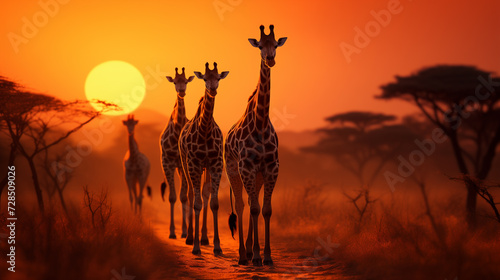 a group of giraffes in the African savannah against the backdrop of a beautiful sunset