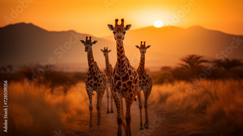 a group of giraffes in the African savannah against the backdrop of a beautiful sunset