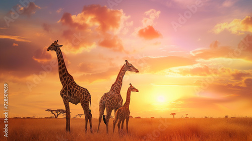 a group of giraffes in the African savannah against the backdrop of a beautiful sunset