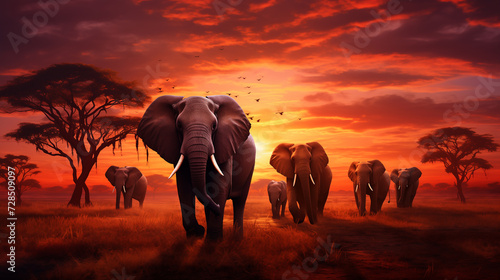 a group of majestic elephants walks along the African steppe against the backdrop of a magical sunset