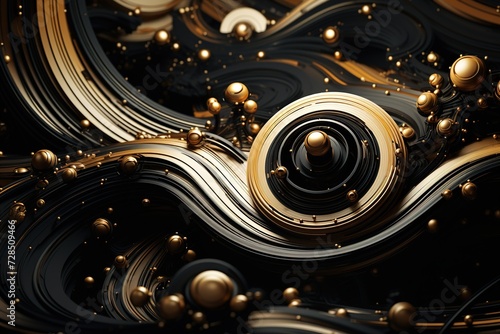Elegant abstract black and golden swirls on a black background, ideal for luxury branding, or opulent decor.
