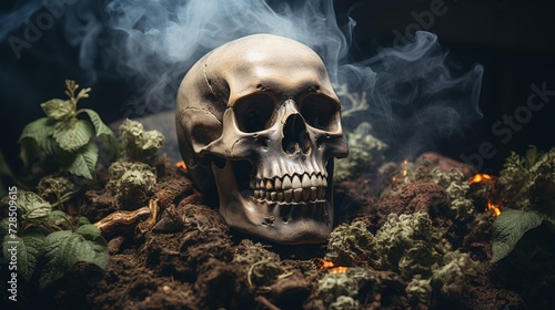 Mystical skulls amidst swirling smoke and fallen leaves - detailed photo on black background